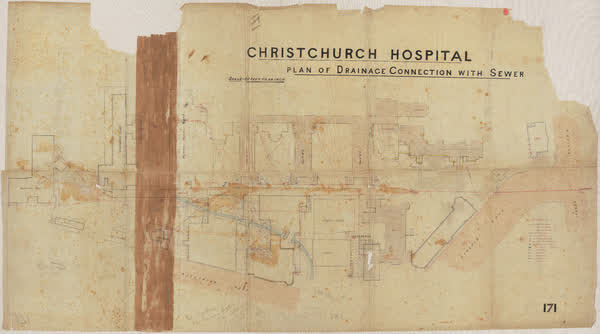 Christchurch Hospital. Plan of drainage connection with sewer, 1881