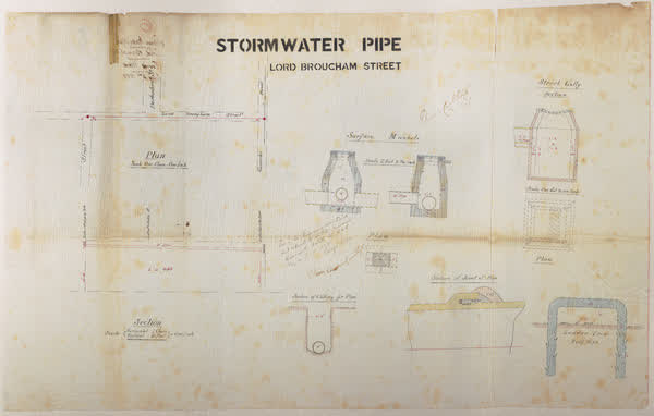 Stormwater pipe. Lord Broucham [Brougham] Street, 1883