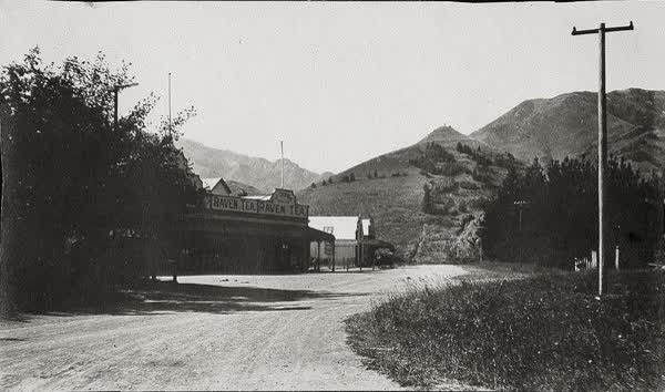 Conical Hill, Hanmer Springs General Store, and Hanmer Springs Hall, 1900