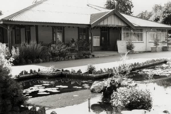 Queen Mary Hospital Tea Kiosk, garden, and fish pond, 1900