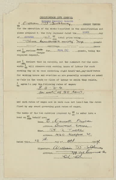 Tender document from William Trethewey, 1937