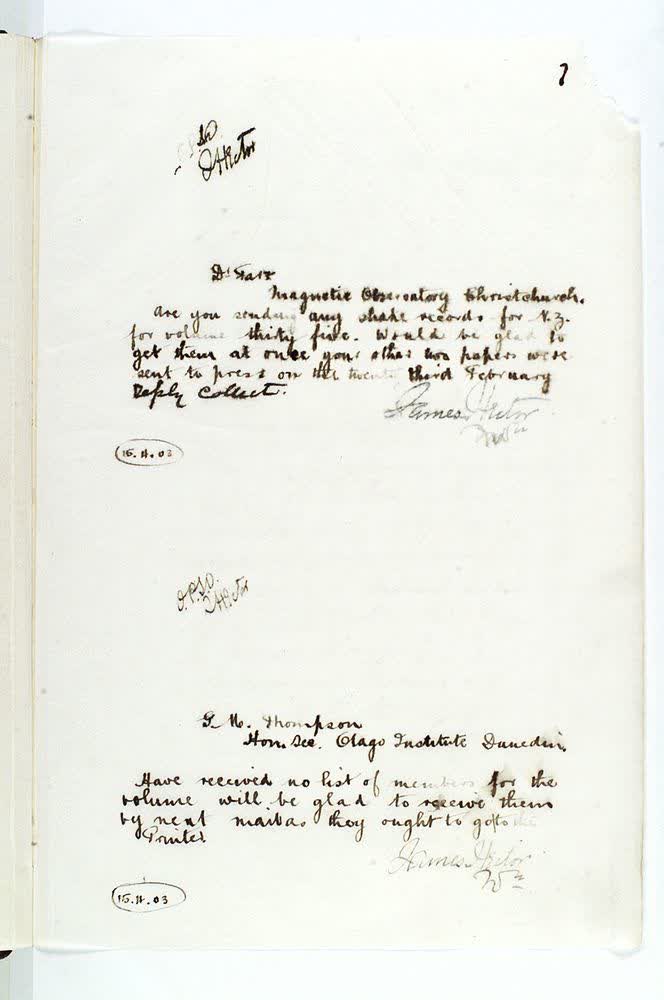 Outward letter: Dr Farr [? unclear], Magnetic Observatory, Christchurch: Re "Shake" records for volume 35 of Transactions, 1903