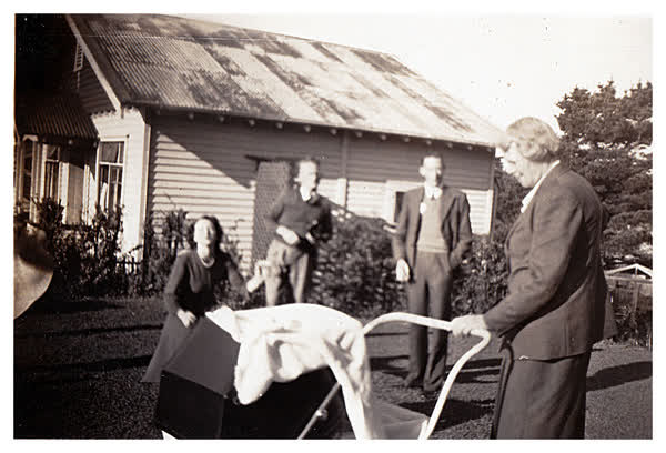 Rachel Webb with a pram, 1940