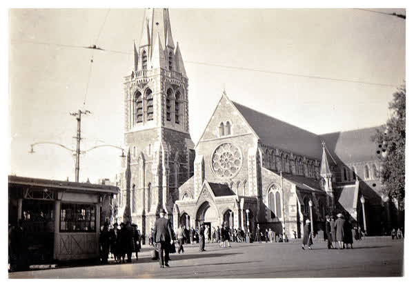 Cathedral and tram shelter, 1941