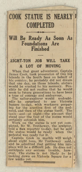 Cook statue scrapbook newspaper article, 1930