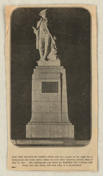 Cook statue scrapbook newspaper image, 1930