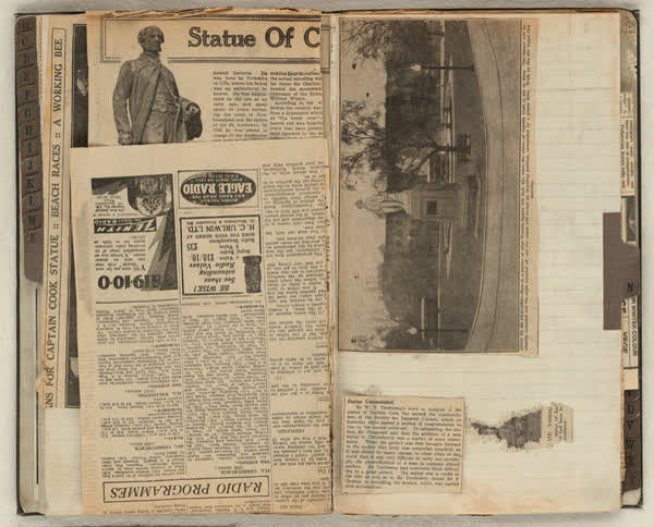 Cook statue scrapbook newspaper articles and images, 1920