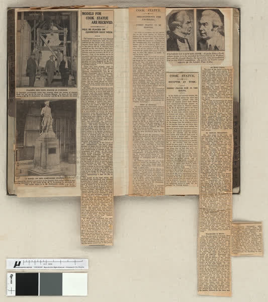 Cook statue scrapbook newspaper articles and images, 1920