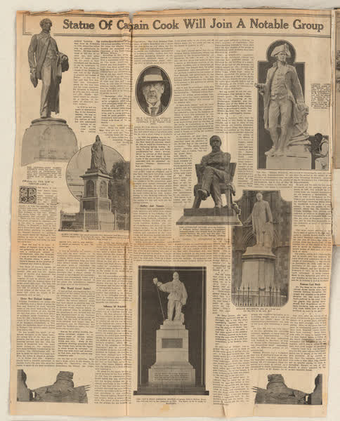 Cook statue scrapbook newspaper article, 1920