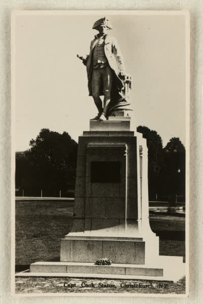 Cook statue scrapbook postcard, 1920