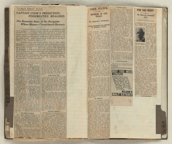 Cook statue scrapbook newspaper articles, 1920