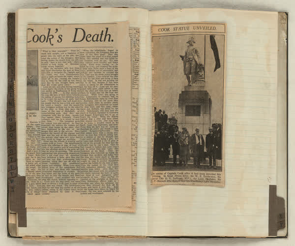 Cook statue scrapbook newspaper articles and images, 1920