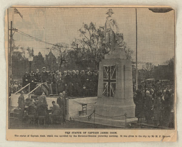 Cook statue scrapbook newspaper image, 1932