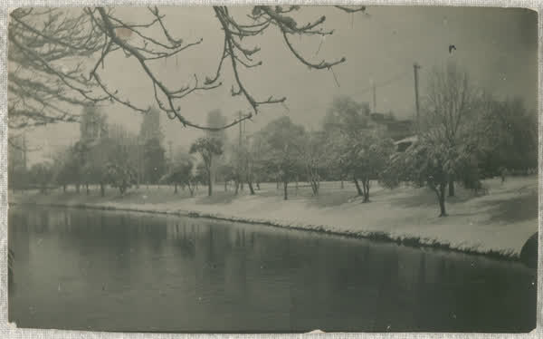 Snow covered river bank, 1945