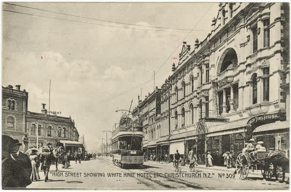 High Street showing White Hart Hotel etc. Christchurch. N.Z., 1900