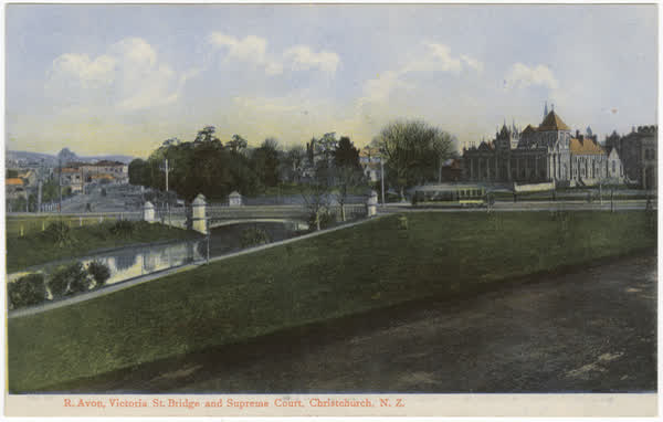 River Avon, Victoria Street bridge and Supreme Court. Christchurch. NZ, 1900