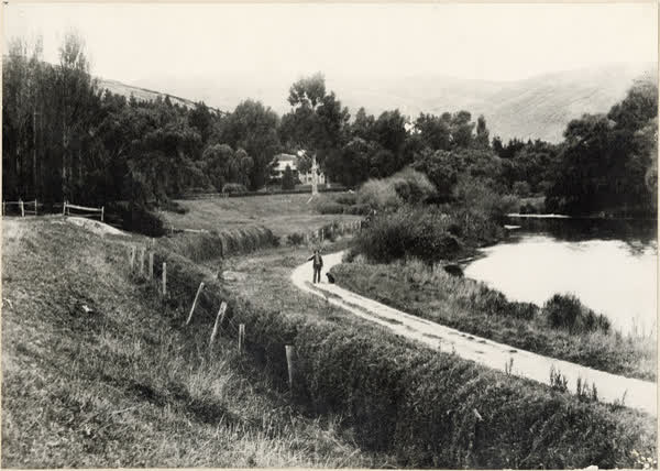 Man with dog beside the Heathcote River, 1880