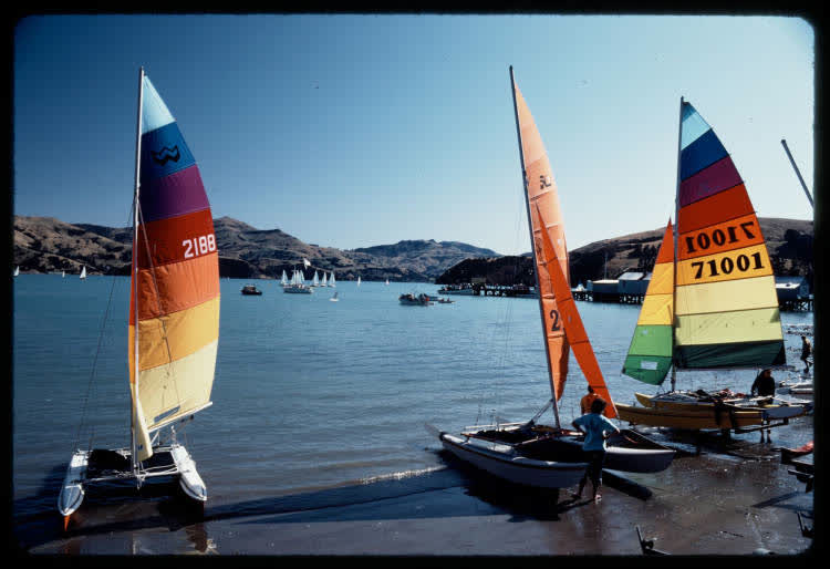 Catamarans on the beach at Akaroa, 1983, 1980