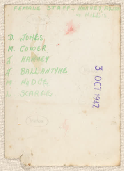 Harvey, Fulton & Hill female staff portrait reverse, 1942