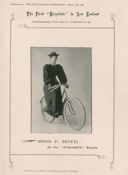 The first "bicycliste" in New ZealandMiss F. Boyd on her "Atalanta" bicycle, 1896