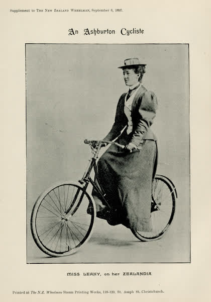 An Ashburton cyclisteMiss Leahy, on her Zealandia, 1897