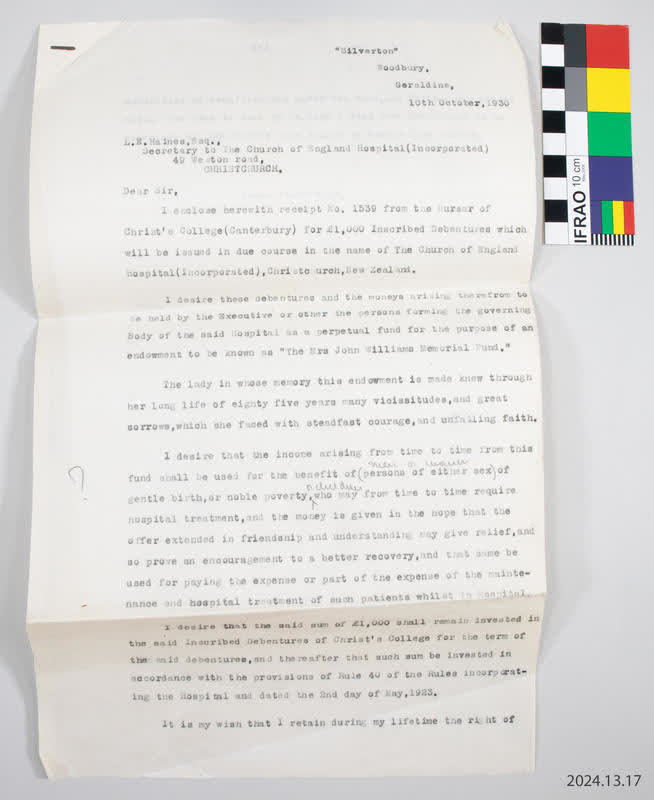Letter: Mary Herbert Tripp to Church of England Hospital (St George's Hospital), 1930