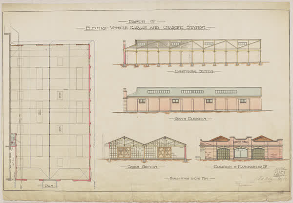 Drawing of electric vehicle garage and charging station, 1910