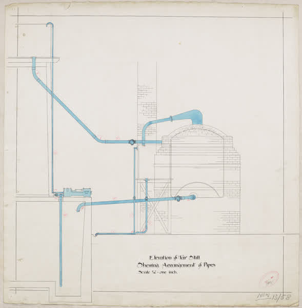 Elevation of tar still shewing arrangement of pipes, 1914