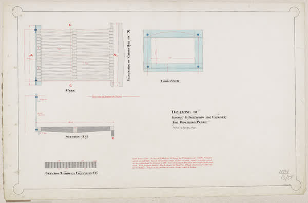 Drawing of frame and firebars for furnace for distilling plant, 1914