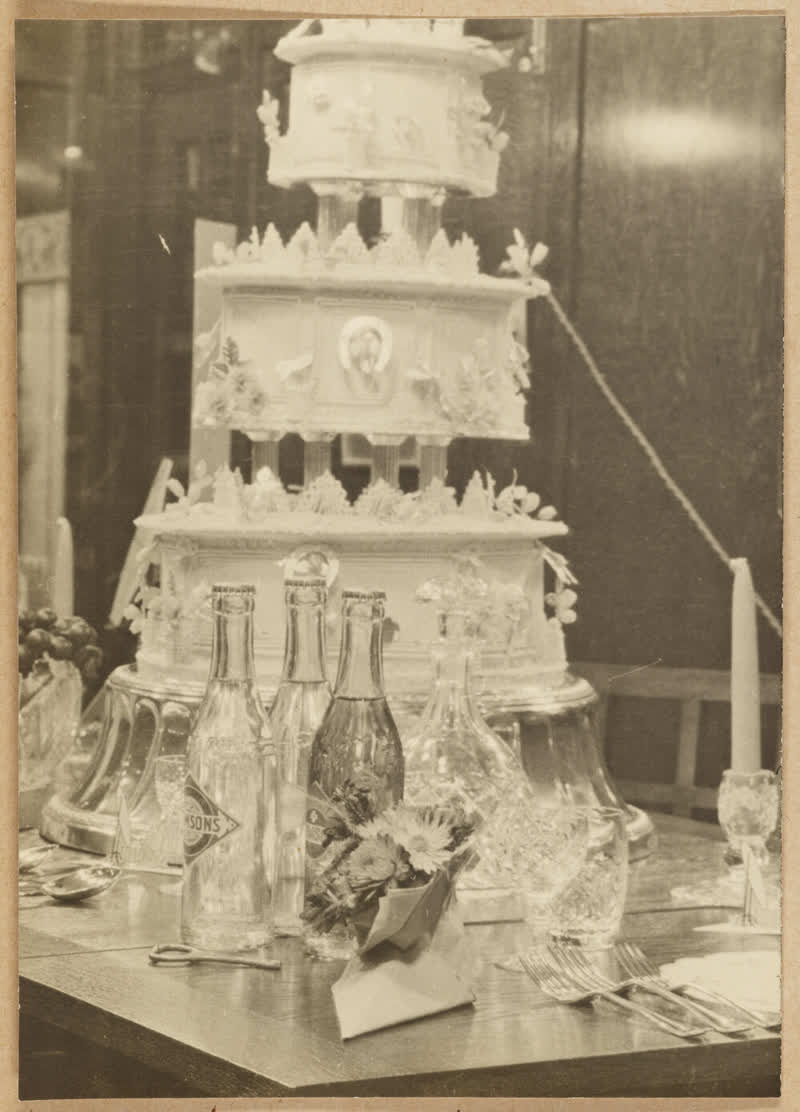Cake, bottles, and table setting from 'Easter Bride' window display, 1930