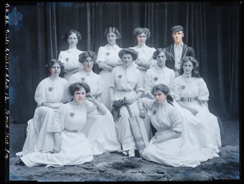 Glass Plate Negative: Christchurch Girl's Cricket Club, 1910