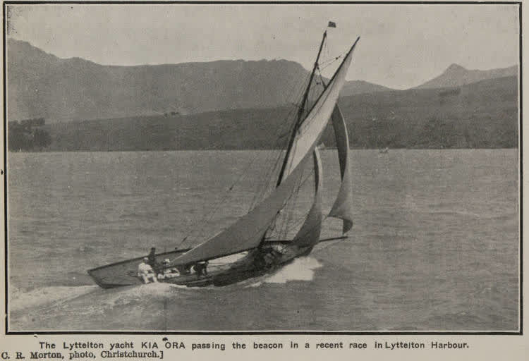 The Lyttelton yacht Kia Ora passing the beacon in a recent race in Lyttelton Harbour, 1910