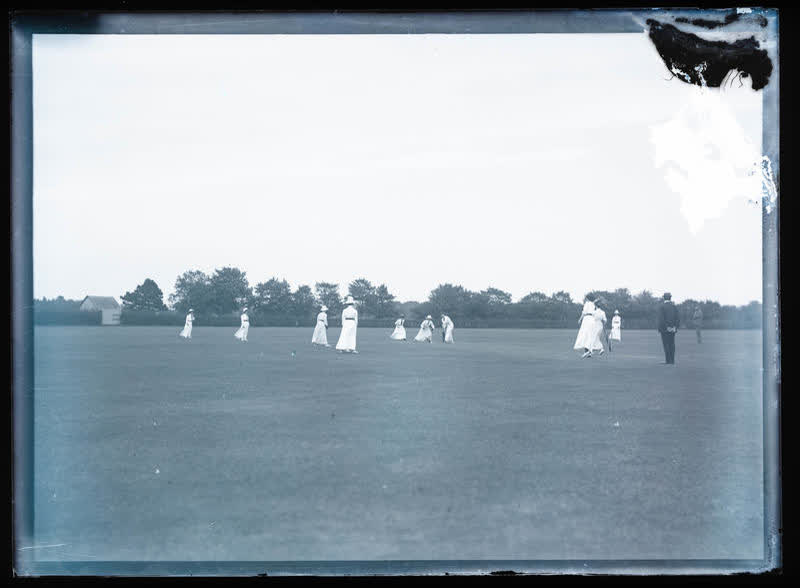 Glass Plate Negative: Women's cricket game, Hagley Park, 1900