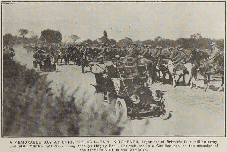Earl Kitchener and Sir Joseph Ward driving through Hagley Park, Christchurch in a Cadillac car, 1915