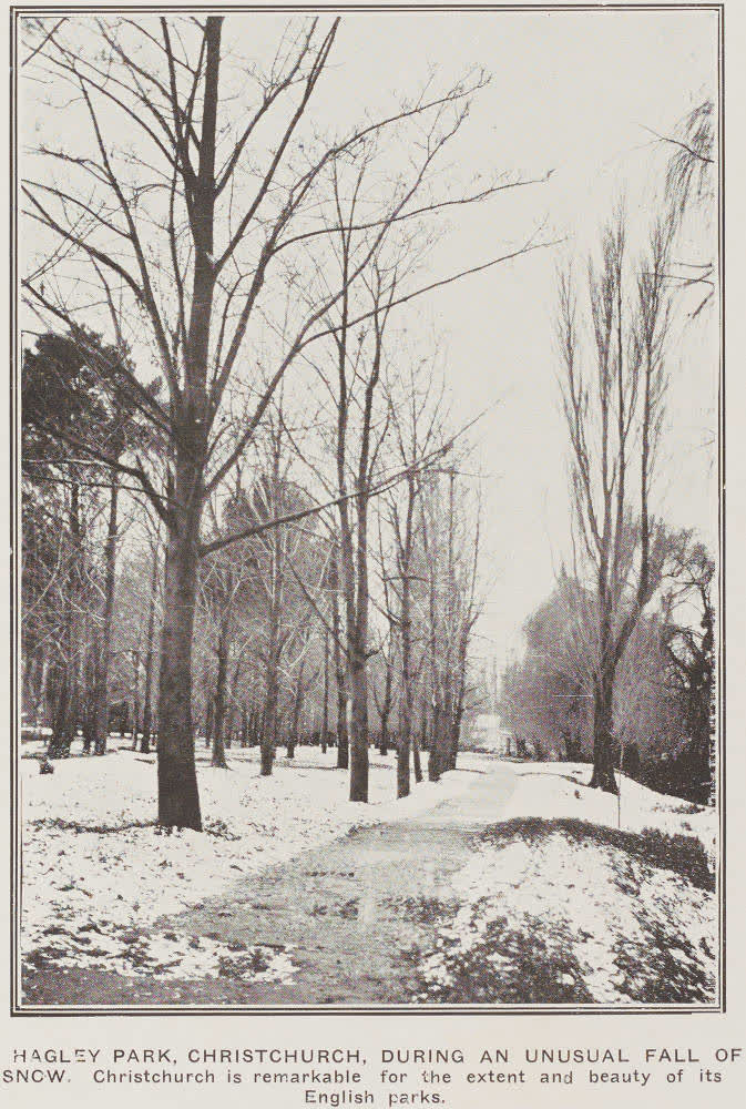 Hagley Park, Christchurch, during an unusual fall of snow, 1915