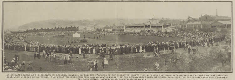 The Dunedin Band Content - the military display attracts a large crowd of spectators, 1920