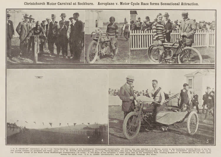 Christchurch Motor Carnival at Sockburn. Aeroplane v. Motor Cycle Race forms Sensational Attraction, 1919