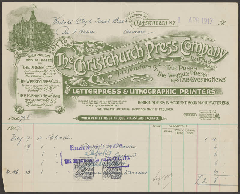 Christchurch Press Company billhead, 1917
