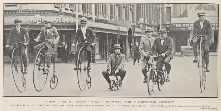 Modern youth and ancient 'wheels', Christchurch, 1927