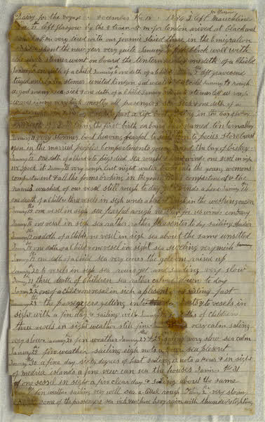 Mary Anne McCrystal shipboard diary, page 1 of 4, Archive 640, 1874