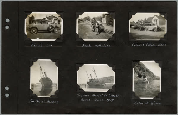 Walsh family vehicles, boat aground at Sumner and holiday at Wainui, 1937