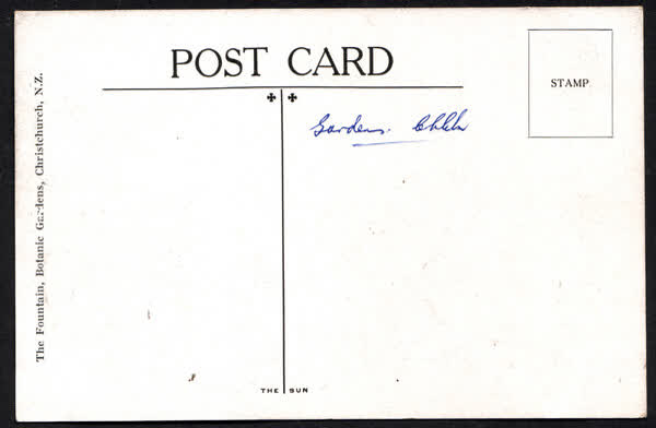 Back of "The Fountain, Botanic Gardens, Christchurch”, 1910