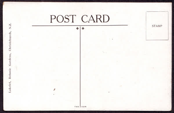 Back of "Lakelet, Botanic Gardens, Christchurch" postcard, 1900