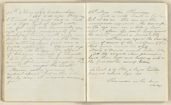 Charles E. D. Goff shipboard diary, spread 13 of 63, Archive 786, 1864