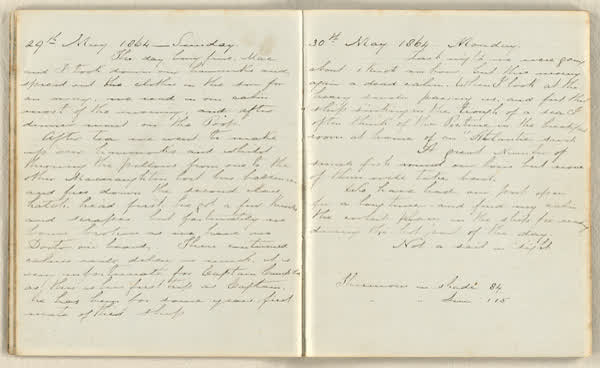 Charles E. D. Goff shipboard diary, spread 15 of 63, Archive 786, 1864