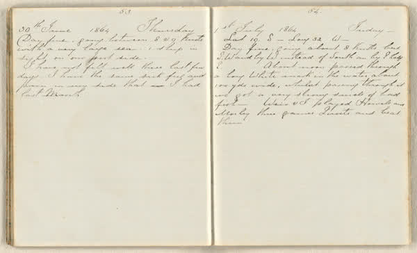 Charles E. D. Goff shipboard diary, spread 32 of 63, Archive 786, 1864
