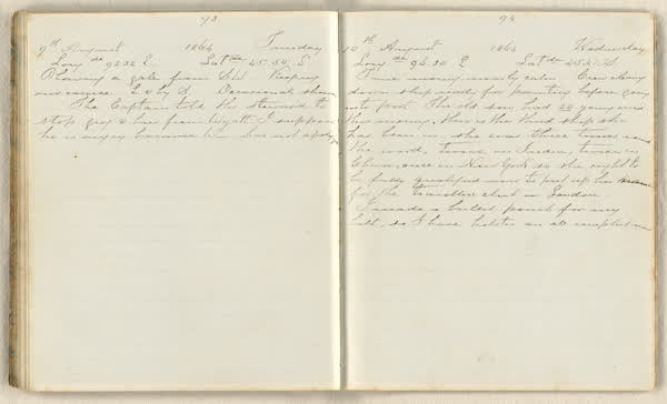 Charles E. D. Goff shipboard diary, spread 52 of 63, Archive 786, 1864
