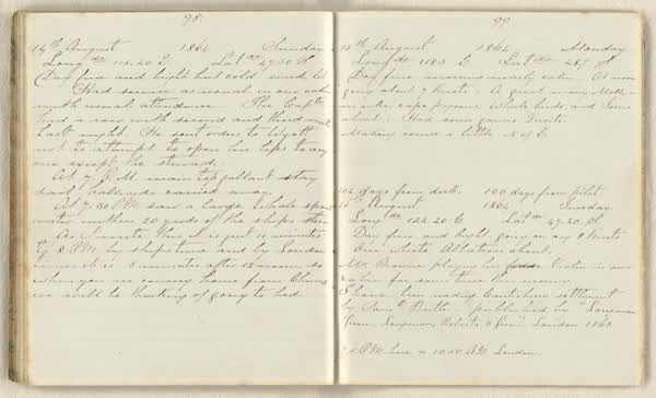 Charles E. D. Goff shipboard diary, spread 54 of 63, Archive 786, 1864