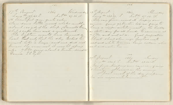 Charles E. D. Goff shipboard diary, spread 55 of 63, Archive 786, 1864
