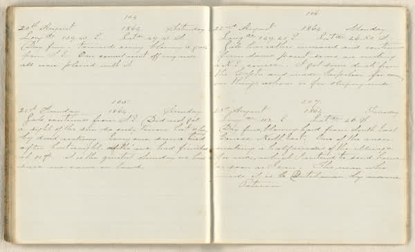 Charles E. D. Goff shipboard diary, spread 56 of 63, Archive 786, 1864